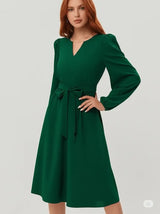 Høst og vinter europeiske og amerikanske dameklær langermet liten V-hals Lace Up kjole