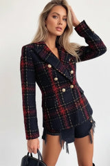 Women's black and red checkered tweed blazer dress with gold buttons and chic tailored fit