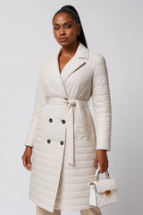 Elegant beige quilted belted coat for women – warm winter outerwear with classic style