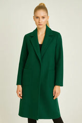 Minimalist green wool coat for women - long sleeve fall outerwear with pockets