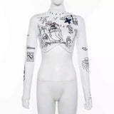 Tattoo Print Long Sleeve Bodysuit for Layering-White-1