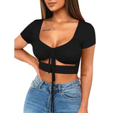 Tie-Front Crop Top with Short Sleeves-1
