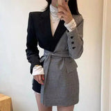 Women's Belted Blazer Dress with Button Detail-Black-1