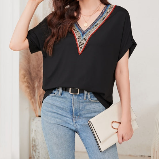 Women’s Loose Fit Lace V-Neck Short Sleeve Top | Breathable Casual Shirt