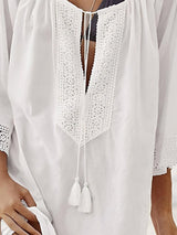 Lace Detail Tie Neck Three-Quarter Sleeve Cover Up-3