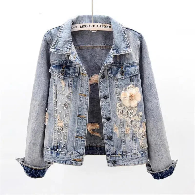 Vintage Floral Embroidered Denim Jacket – Elegant and Edgy-Blue-1