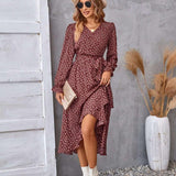 Flowers Print Long Sleeve Dress Fashion Ruffled Commuter Temperament Dresses Womens Clothing-3