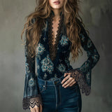 Retro Lace Panel V-Neck Blouse