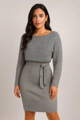 2stk dress for kvinner Solid stripe langermet topp og stramt suspensorskjørt mote høst vinter slanke klær