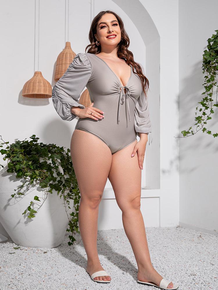 Plus Size Tied Deep V Balloon Sleeve One-Piece Swimsuit-10