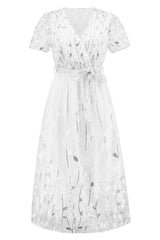 Sequin Leaf Embroidery Tie Front Short Sleeve Dress-12