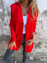 Casual Hooded Single-Breasted Cardigan – Loose Solid Color Jacket | Lightweight Spring & Autumn Outerwear for Women-Red-3