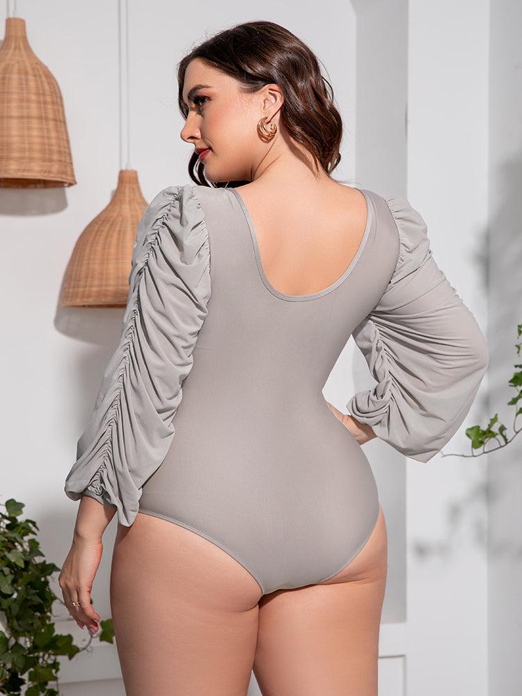 Plus Size Tied Deep V Balloon Sleeve One-Piece Swimsuit-9