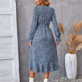 Flowers Print Long Sleeve Dress Fashion Ruffled Commuter Temperament Dresses Womens Clothing-2