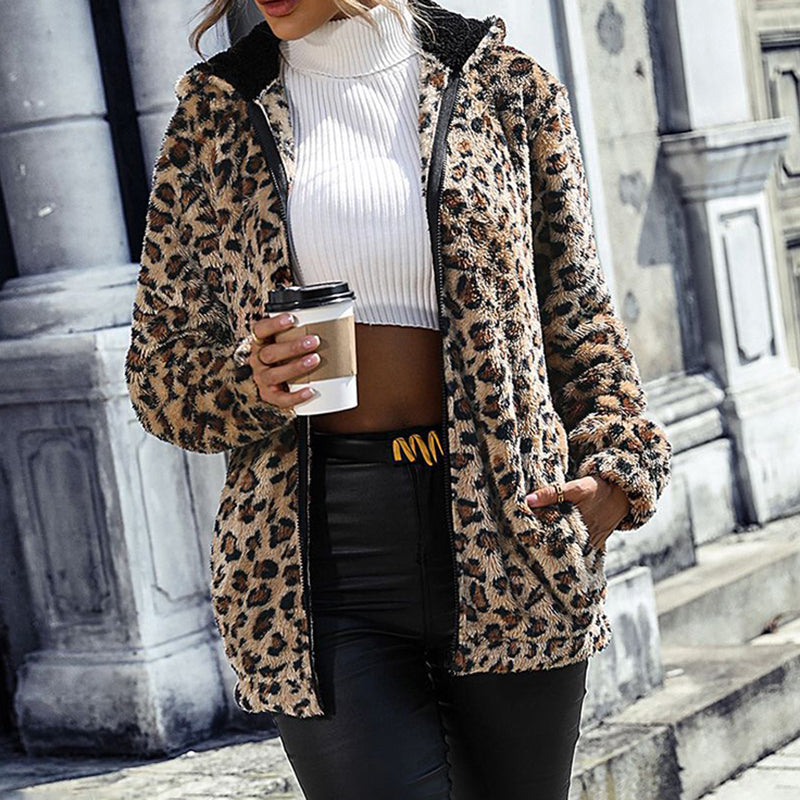 Fuzzy Leopard Zip-Up Hooded Jacket