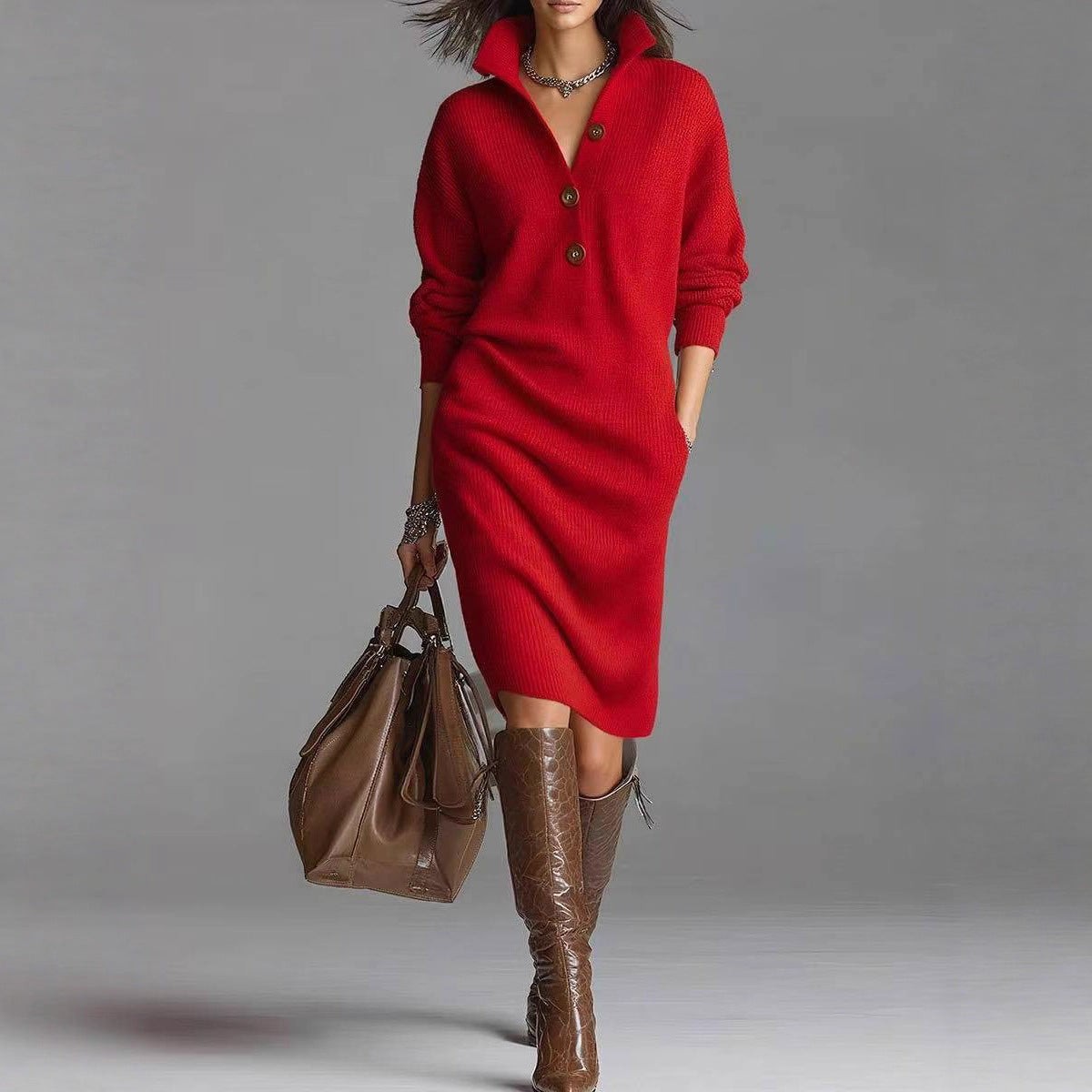 Chic Cozy V-Neck Sweater Dress