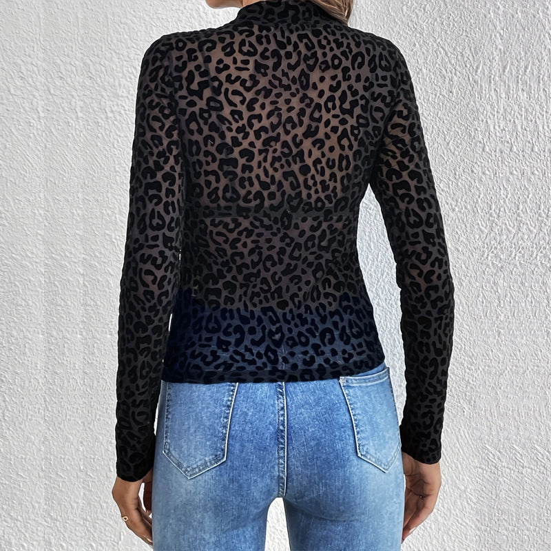 Sheer Leopard Stand Collar Top