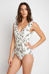 Marina West Swim Float On Ruffle Faux Wrap One-Piece in Daisy Cream-9