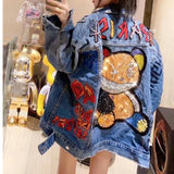 Oversized Denim Jacket with Cartoon Embellishments – Vibrant Street Style-4