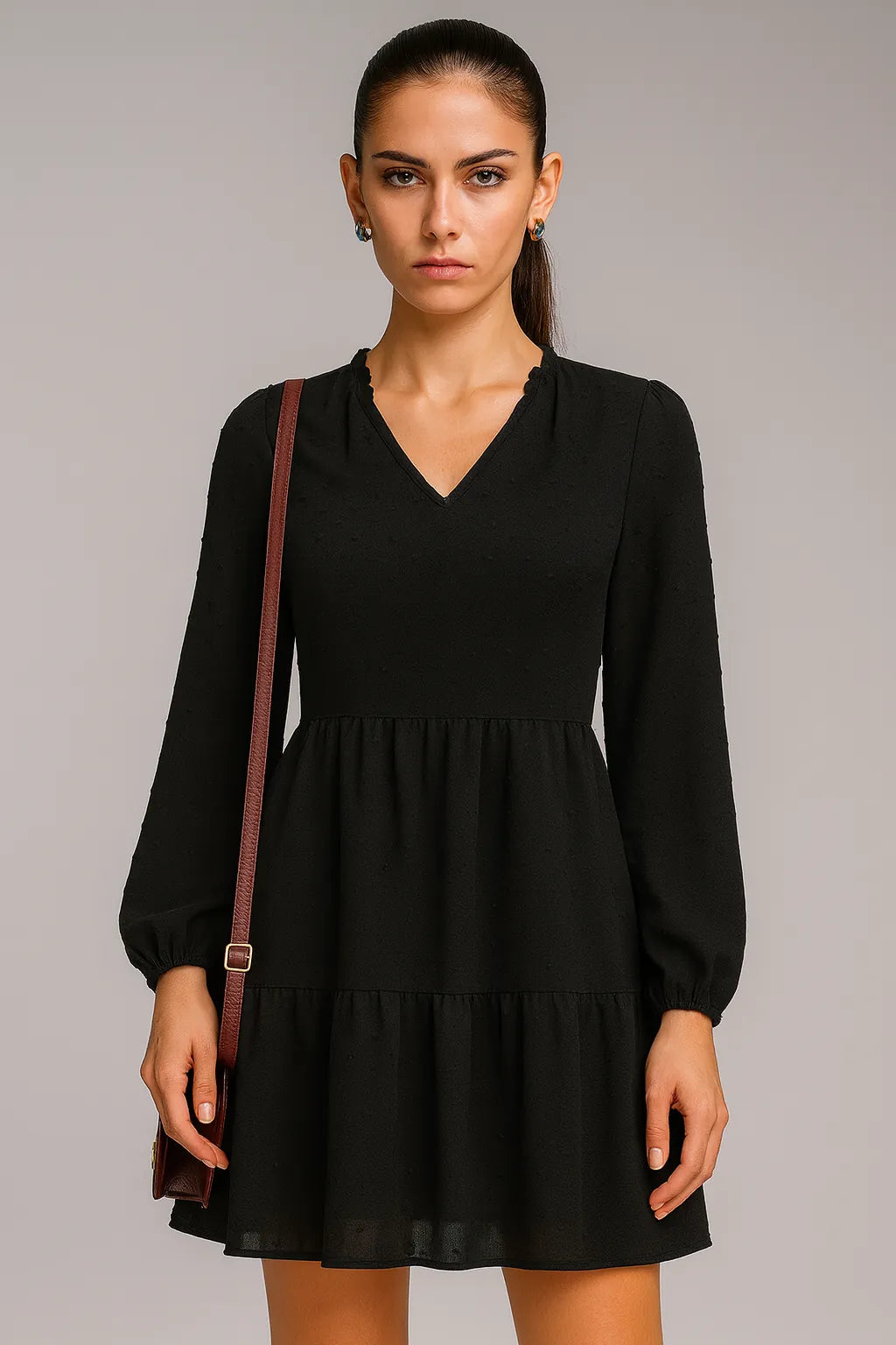 Langarmet V-hals A-linje-kjole i chiffon Original