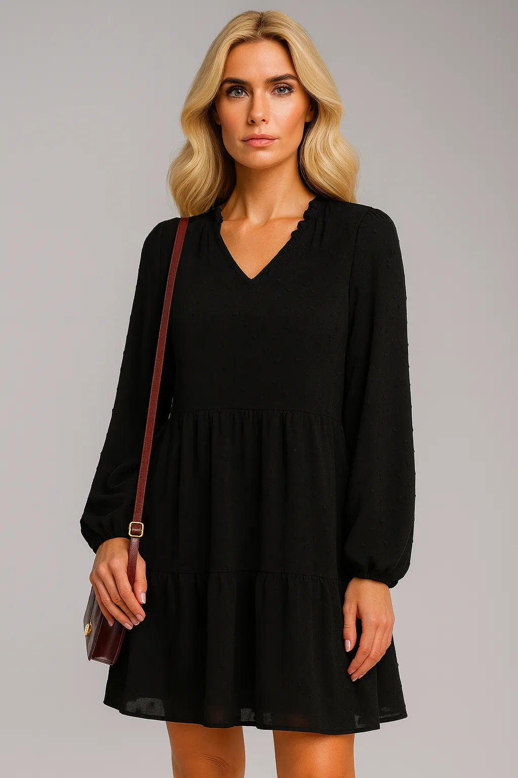 Langarmet V-hals A-linje-kjole i chiffon Original