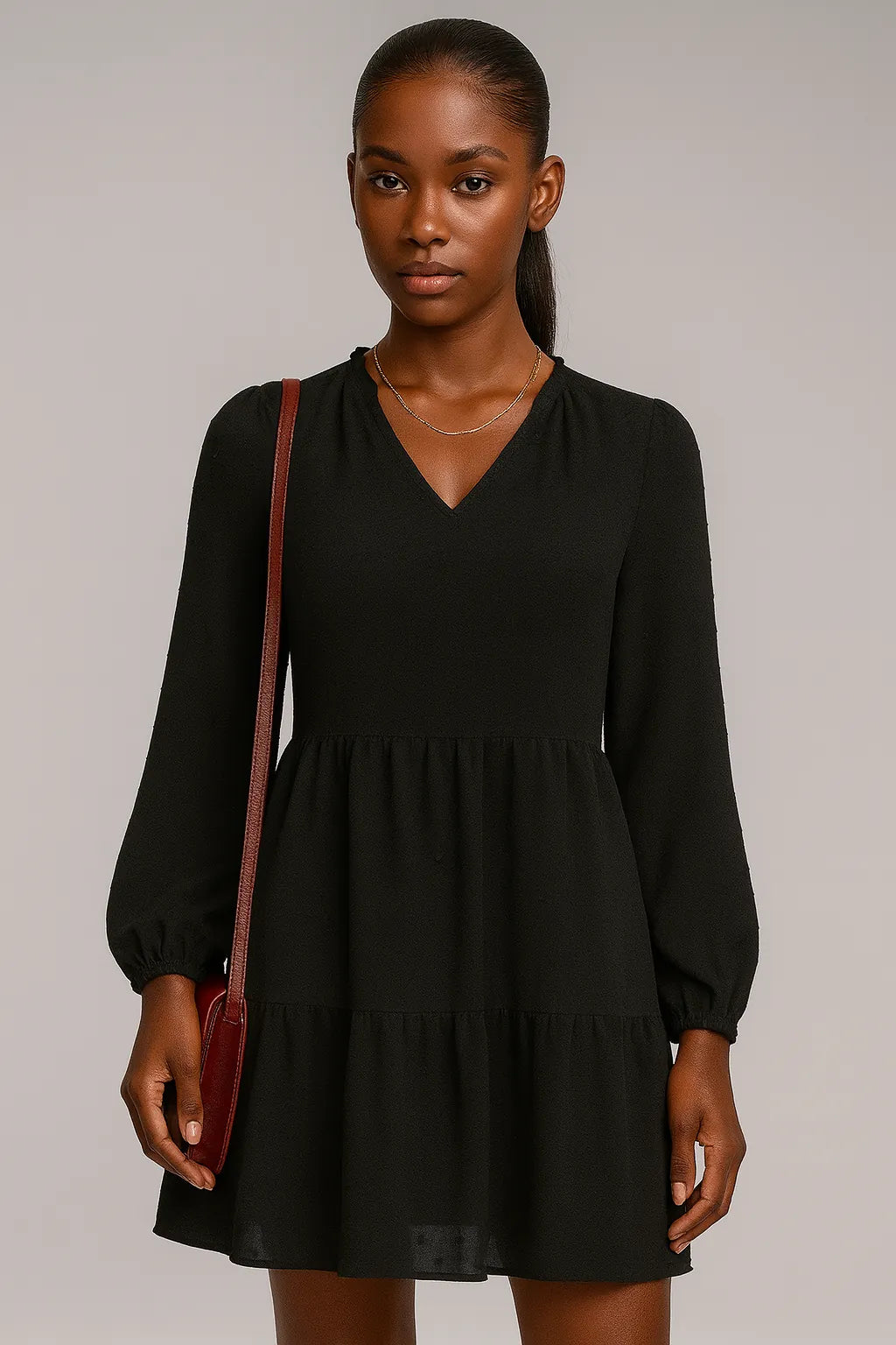 Langarmet V-hals A-linje-kjole i chiffon Original