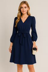 Høst og vinter europeiske og amerikanske dameklær langermet liten V-hals Lace Up kjole