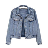 Pearl-Embellished Denim Jacket – Glamorous Twist on a Classic-Blue-1