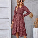 Flowers Print Long Sleeve Dress Fashion Ruffled Commuter Temperament Dresses Womens Clothing-Red-5