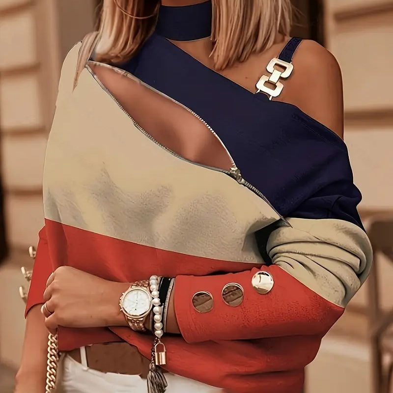 Elegant Zip-Front Cold Shoulder Top