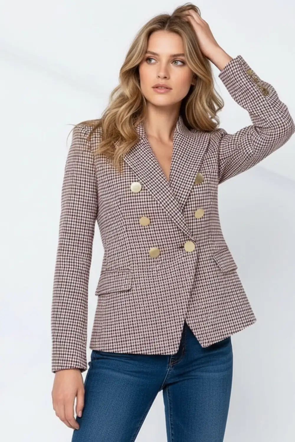 Women's beige and brown small checkered blazer dress with gold buttons and fitted tailoring