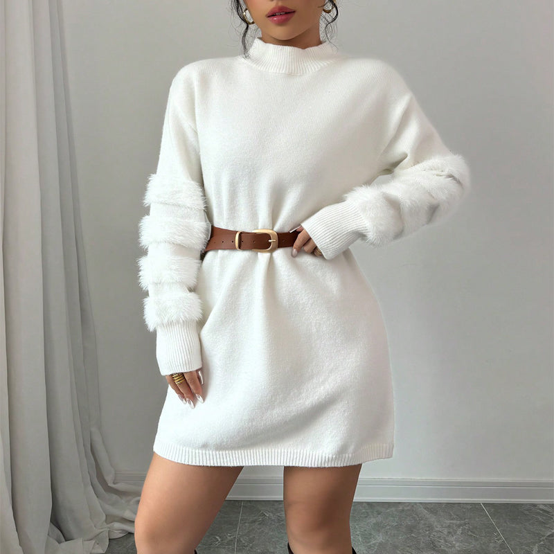 Plush Faux Fur Trim Mini Dress