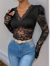 Perfee Lace V-Neck Long Sleeve Bodysuit-4