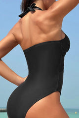 Crisscross Halter Neck One-Piece Swimwear-3