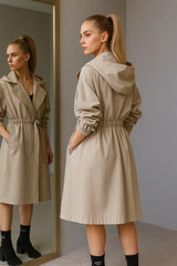 Beige hooded trench coat for women - casual belted outerwear with relaxed fit