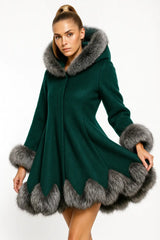 Luxury women’s white faux fur coat with silver fox trim – elegant winter fashion