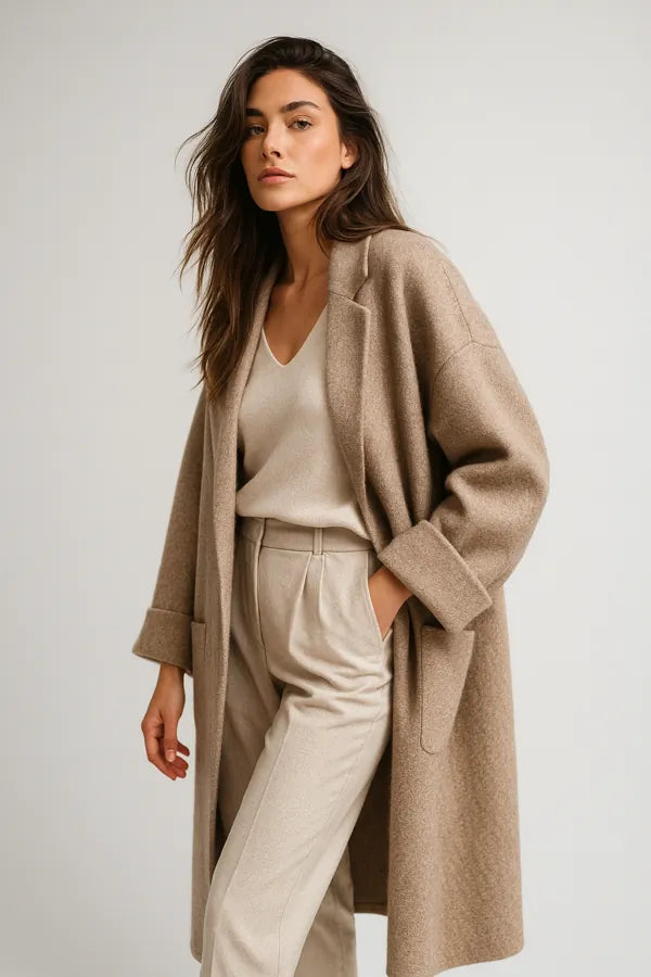 Women’s camel wool coat - relaxed fit long overcoat in neutral beige tones