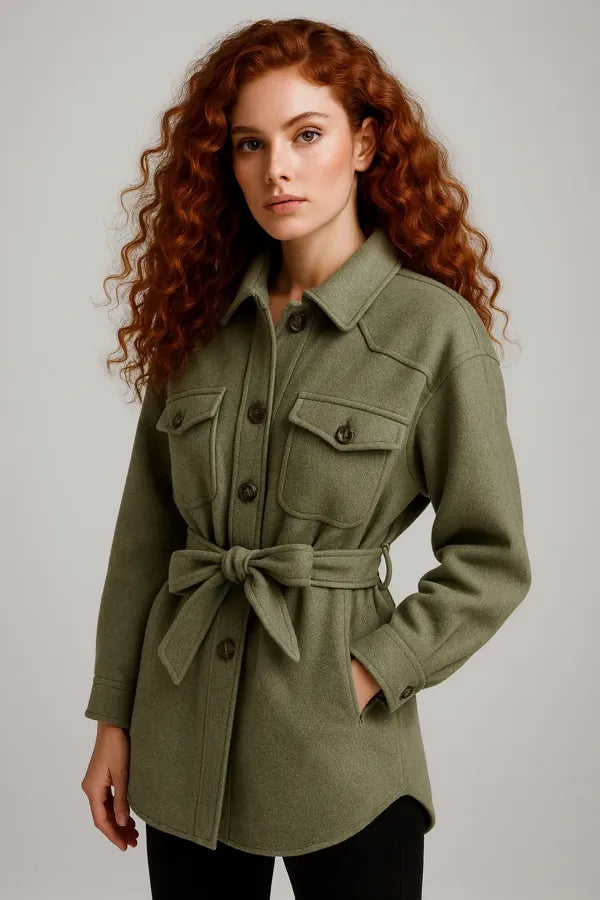 Olive green belted wool shacket for women with front pockets – casual chic fall style
