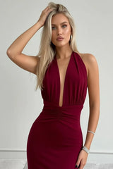 Burgundy halter neck gown with plunging neckline, elegant formal evening dress for women