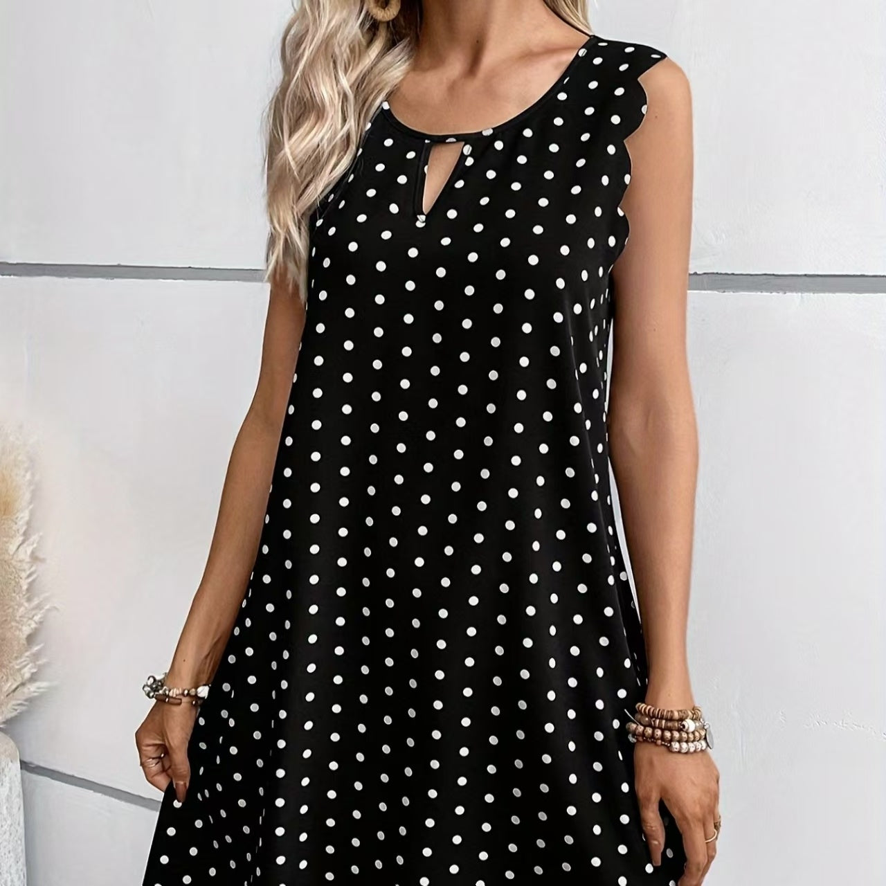 Ladies' Fashionable Casual Pullover Polka Dot Dress With Hollowed Out Collar And Round Neck Wavy Edge Skirt