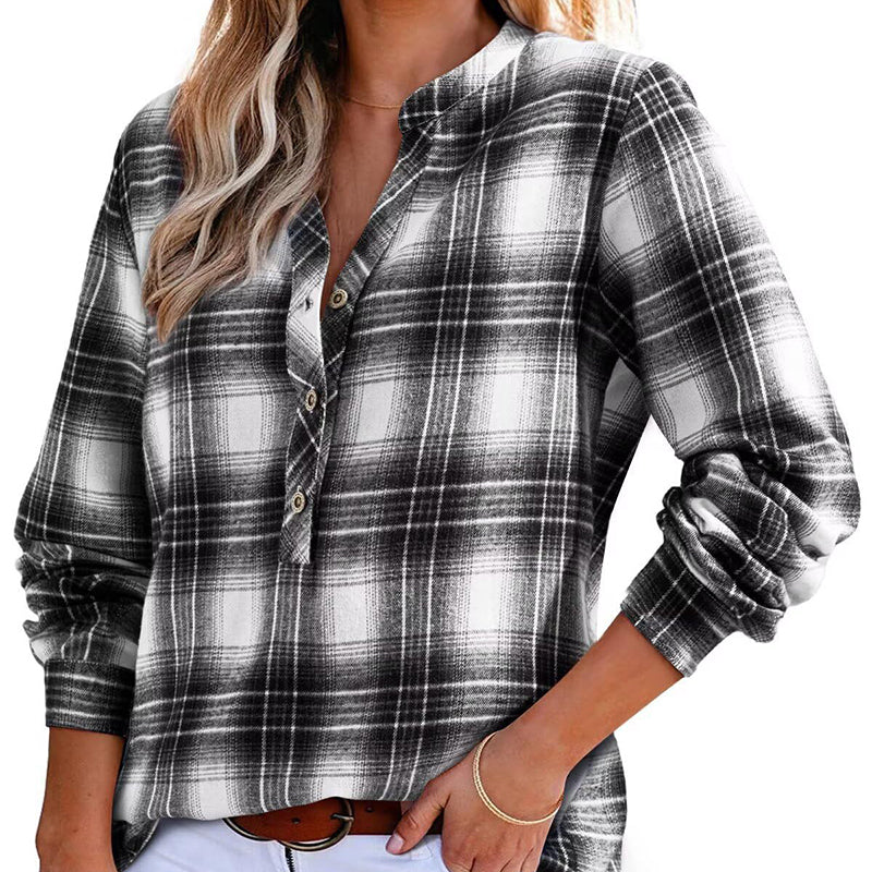 Plaid V-Neck Button Down Blouse