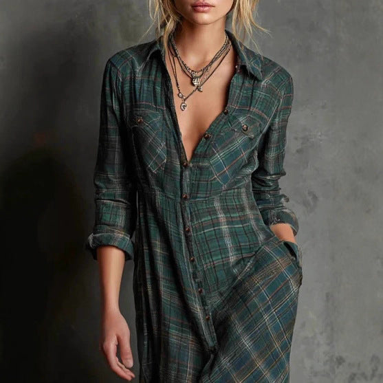 Casual Long Sleeve Lapel Plaid Long Dress