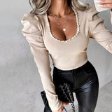 Beaded Puff Sleeve Ribbed Top