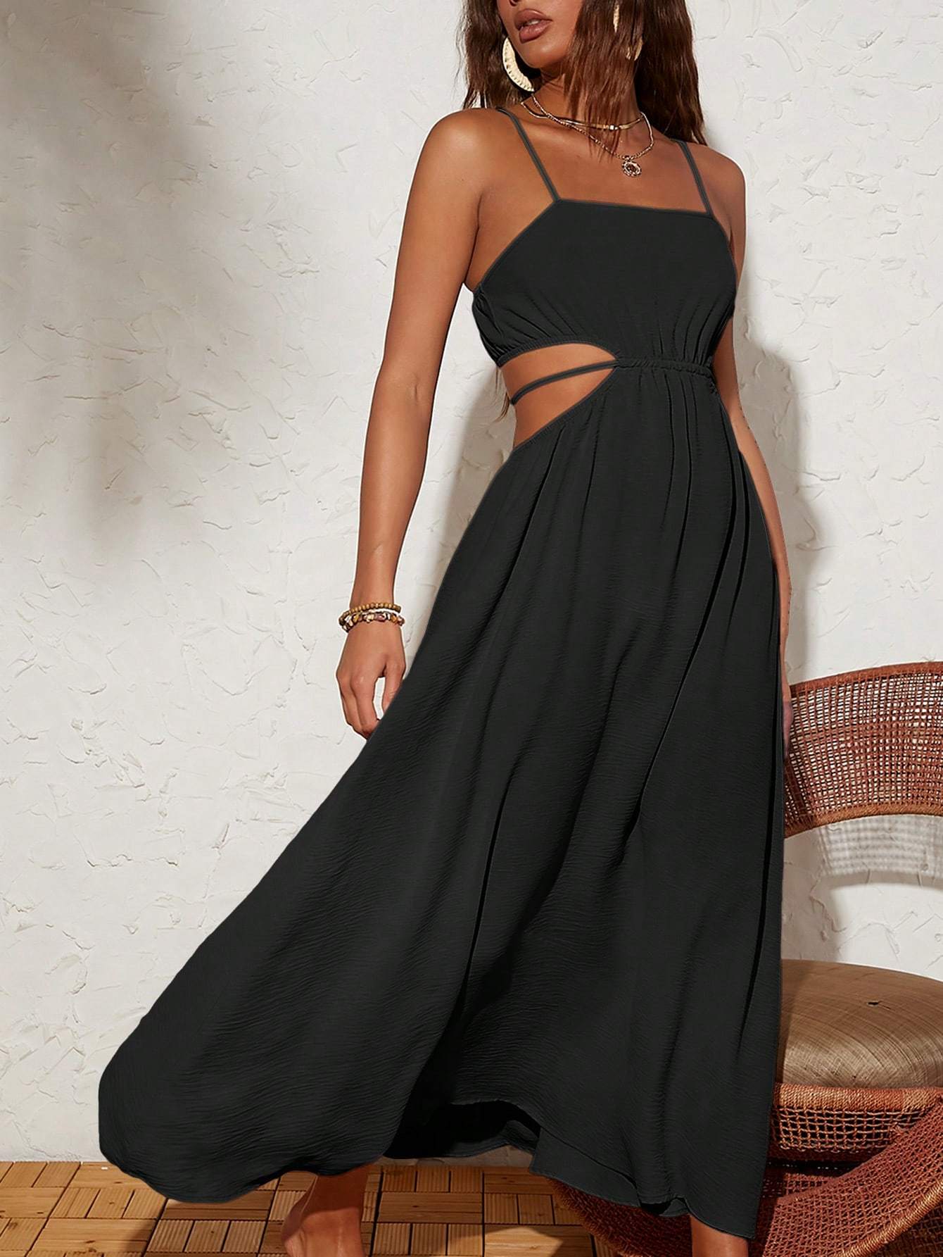 Solid Color Woven Backless Tie-Waist Dress For Vacation