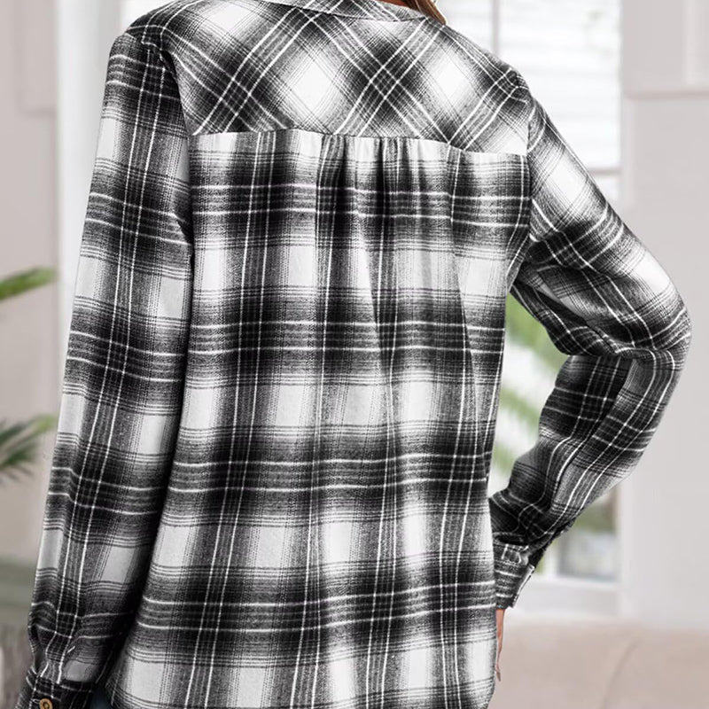 Plaid V-Neck Button Down Blouse