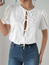 Perfee Tied Eyelet Short Sleeve Bodysuit-4