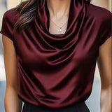Shiny Cowl Neck Ruched Blouse
