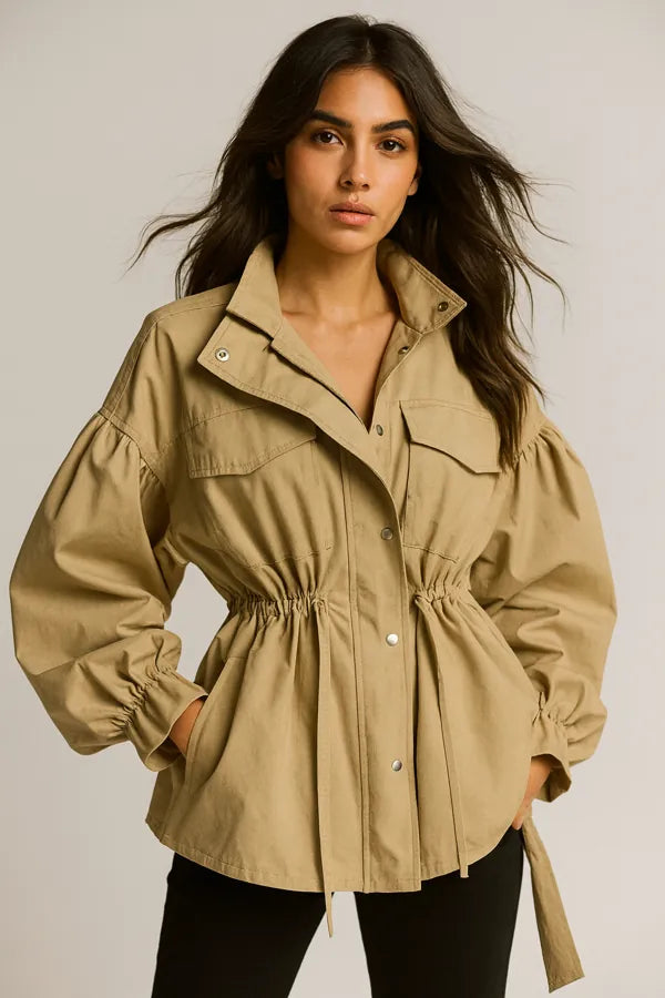 Beige utility jacket for women - lightweight casual outerwear with cinched waist