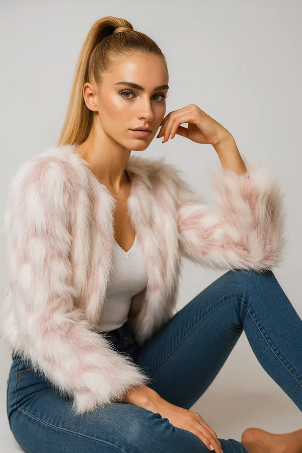 Women's cropped pink and white faux fur jacket - chic winter fashion