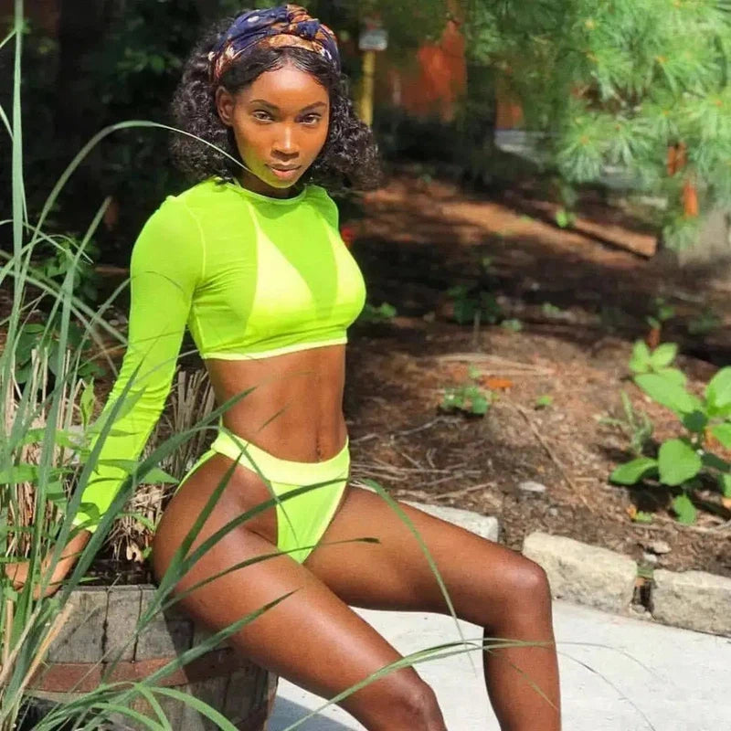 3 Piece Neon Green Bikini Swimsuit Women Long Sleeve-Fluorescentyellow-2